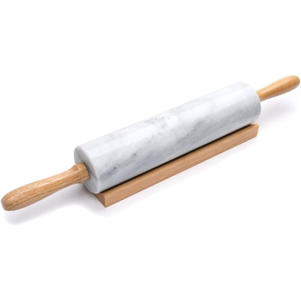 Rolling Pin Marble - 10인치 흰색 대리석 밀대와 나무 홀더